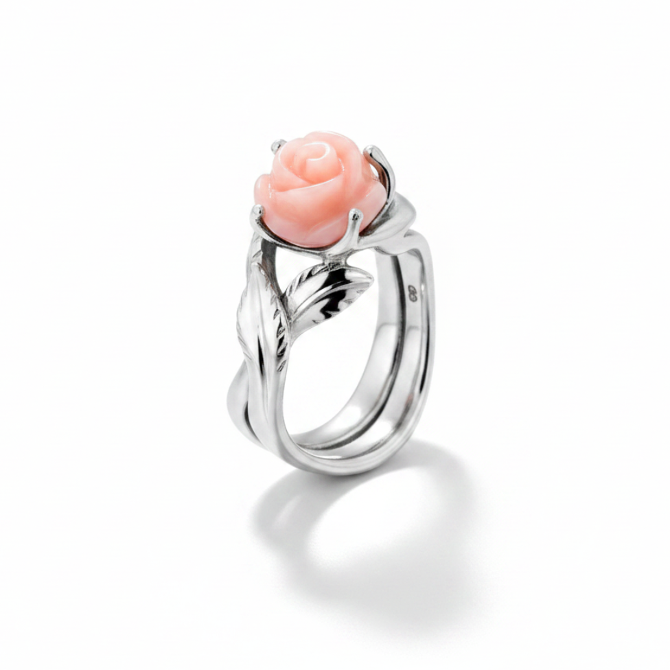 Blush gyűrű - 14k, fehér arany, rózsaszín koral