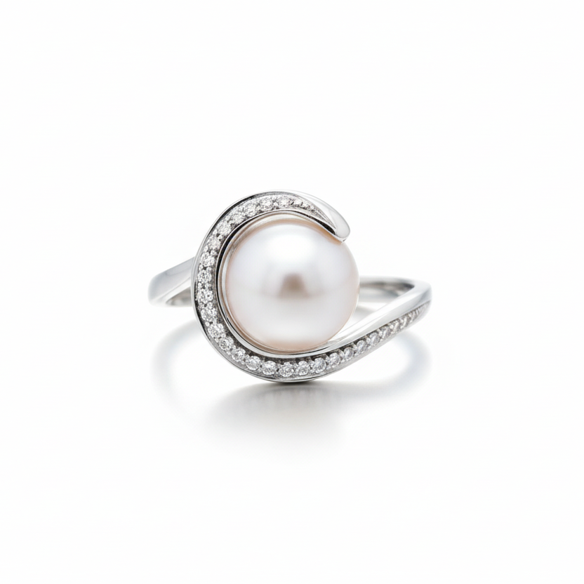 Trabi ring - 14k, fehér arany, rózsaszín gyöngy, gyémántok