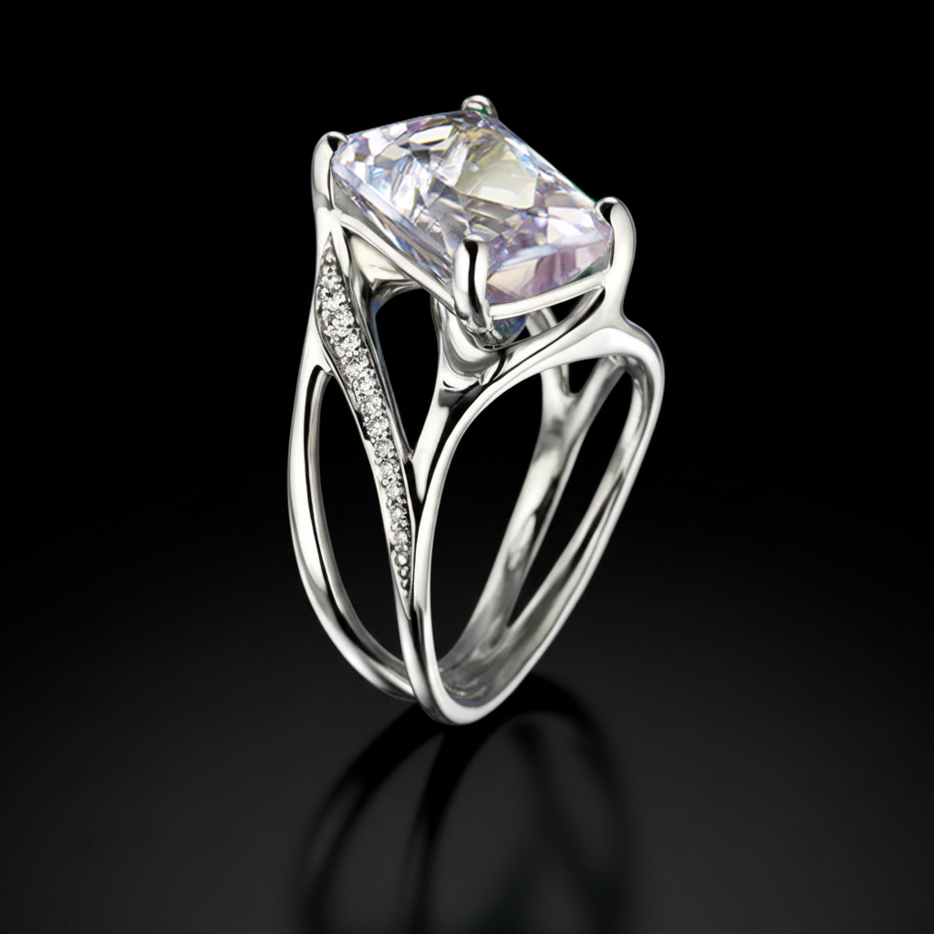 Thin Rose gyűrű - 14k, fehér arany, gyémántok, kunzite