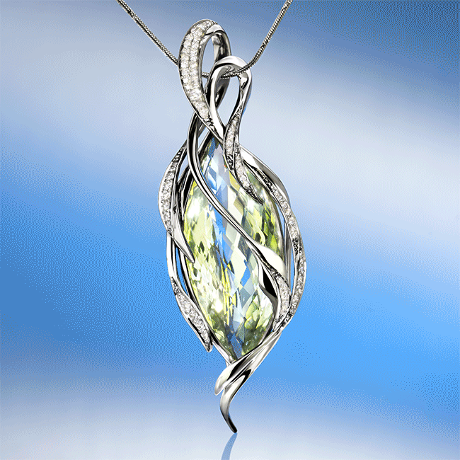 Juze medál - 14k, fehér arany, gyémántok,prasiolite