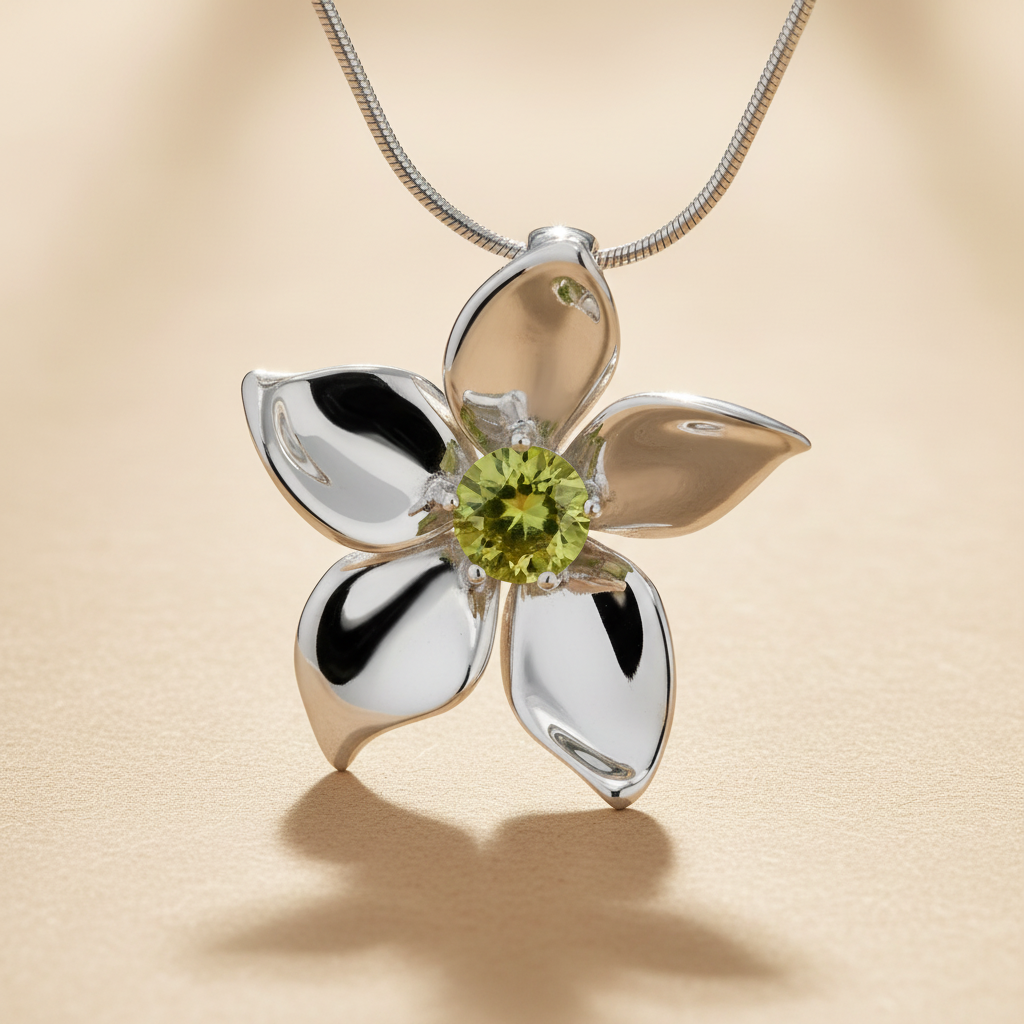 Plumeria medál - 14k, fehér arany, cirkón