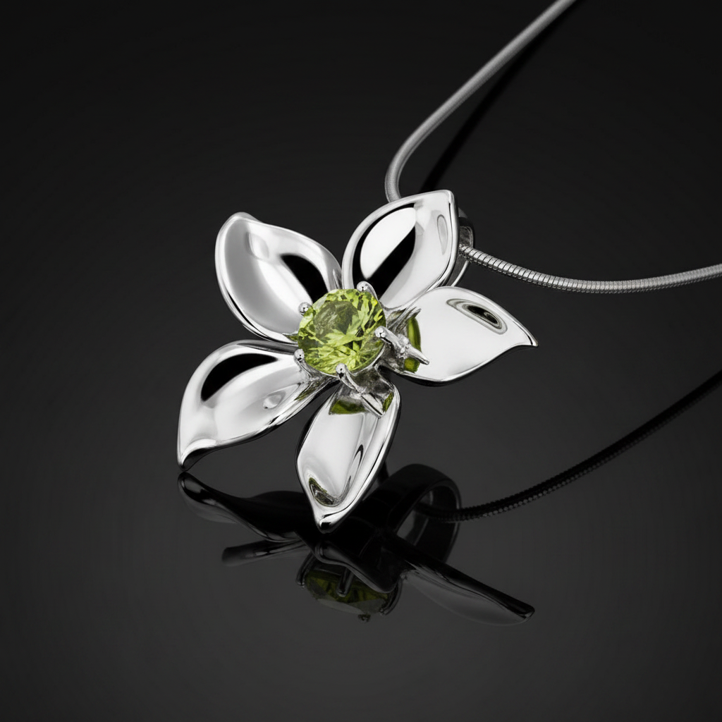Plumeria medál - 14k, fehér arany, cirkón