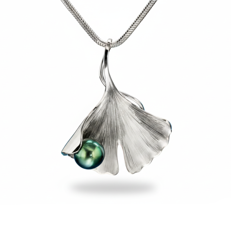 Ginkgo medál - 14k, fehér arany, tahiti gyöngy