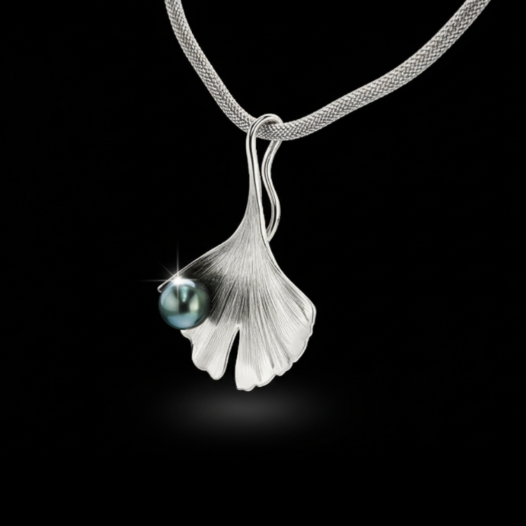 Ginkgo medál - 14k, fehér arany, tahiti gyöngy