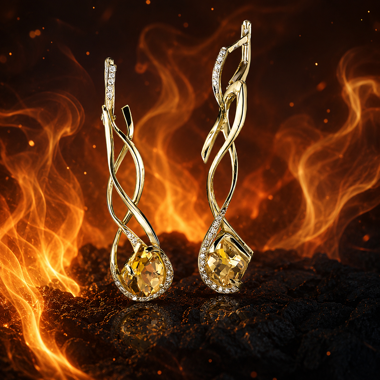 Whirlpool of Flame fülbevaló - 18k, sárga és rozé arany, citrin, gyémántok