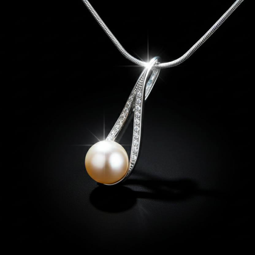 Embryo D medál - 14k, fehér arany, barack színű gyöngy, gyémántok