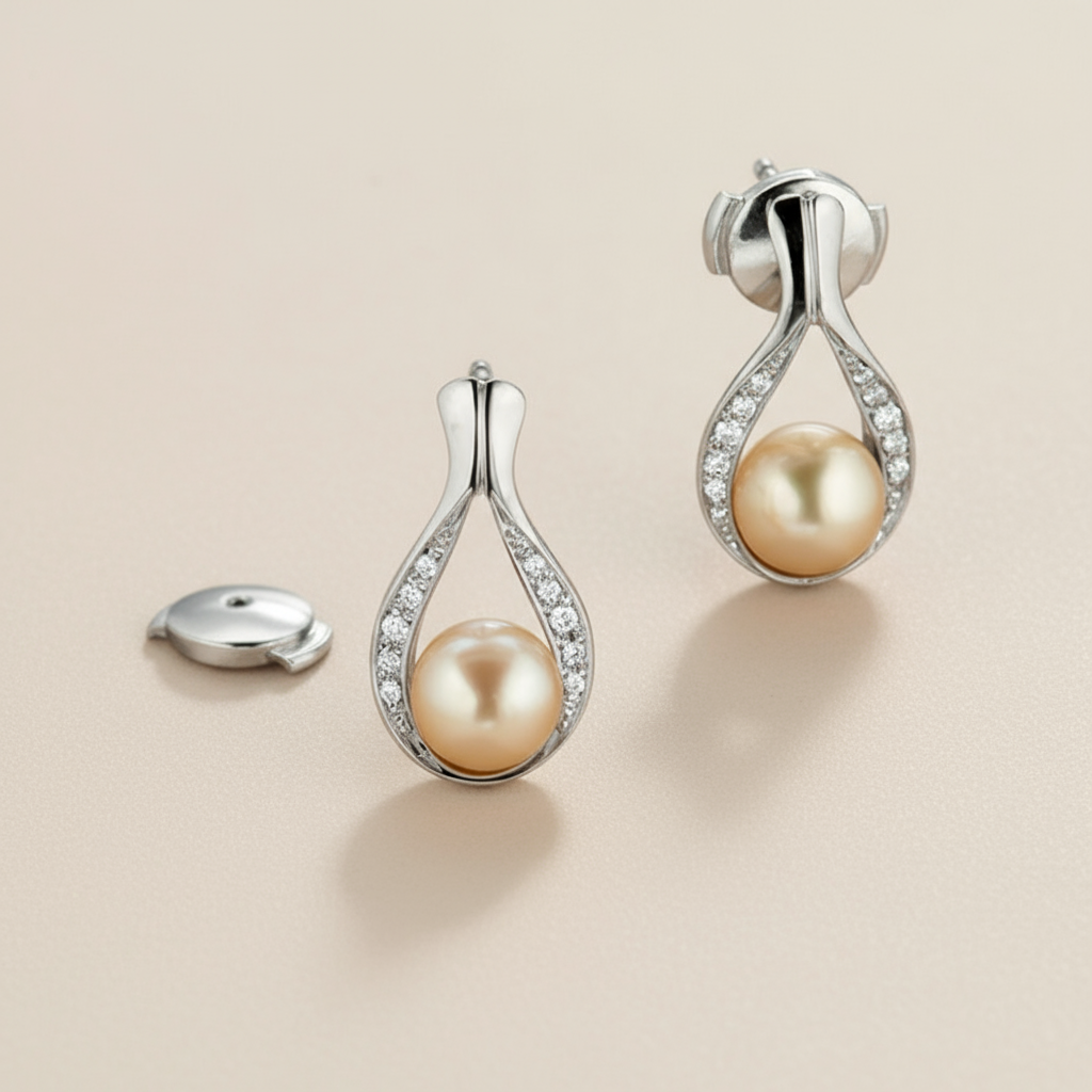 Embryo fülbevaló - 14k, fehér arany, gyémántok, gyöngyök