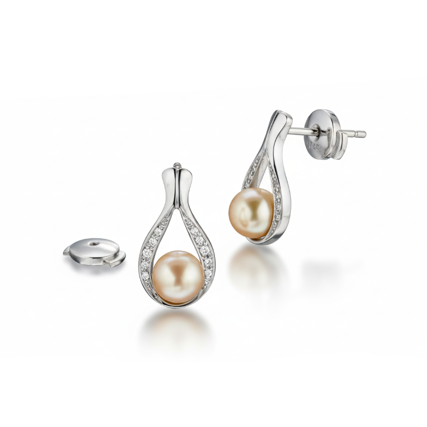 Embryo fülbevaló - 14k, fehér arany, gyémántok, gyöngyök