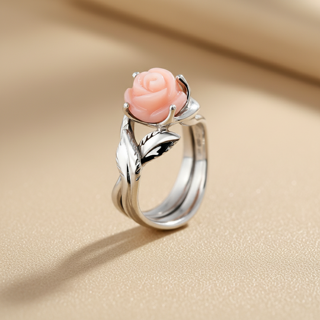 Blush gyűrű - 14k, fehér arany, rózsaszín koral