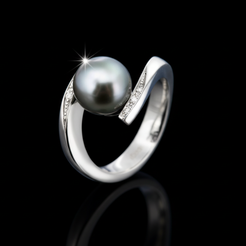 Eye of Tahiti gyűrű - 18k, fehér arany, tahiti gyöngy, gyémántok