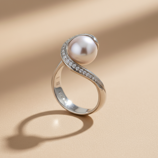 Trabi ring - 14k, fehér arany, rózsaszín gyöngy, gyémántok