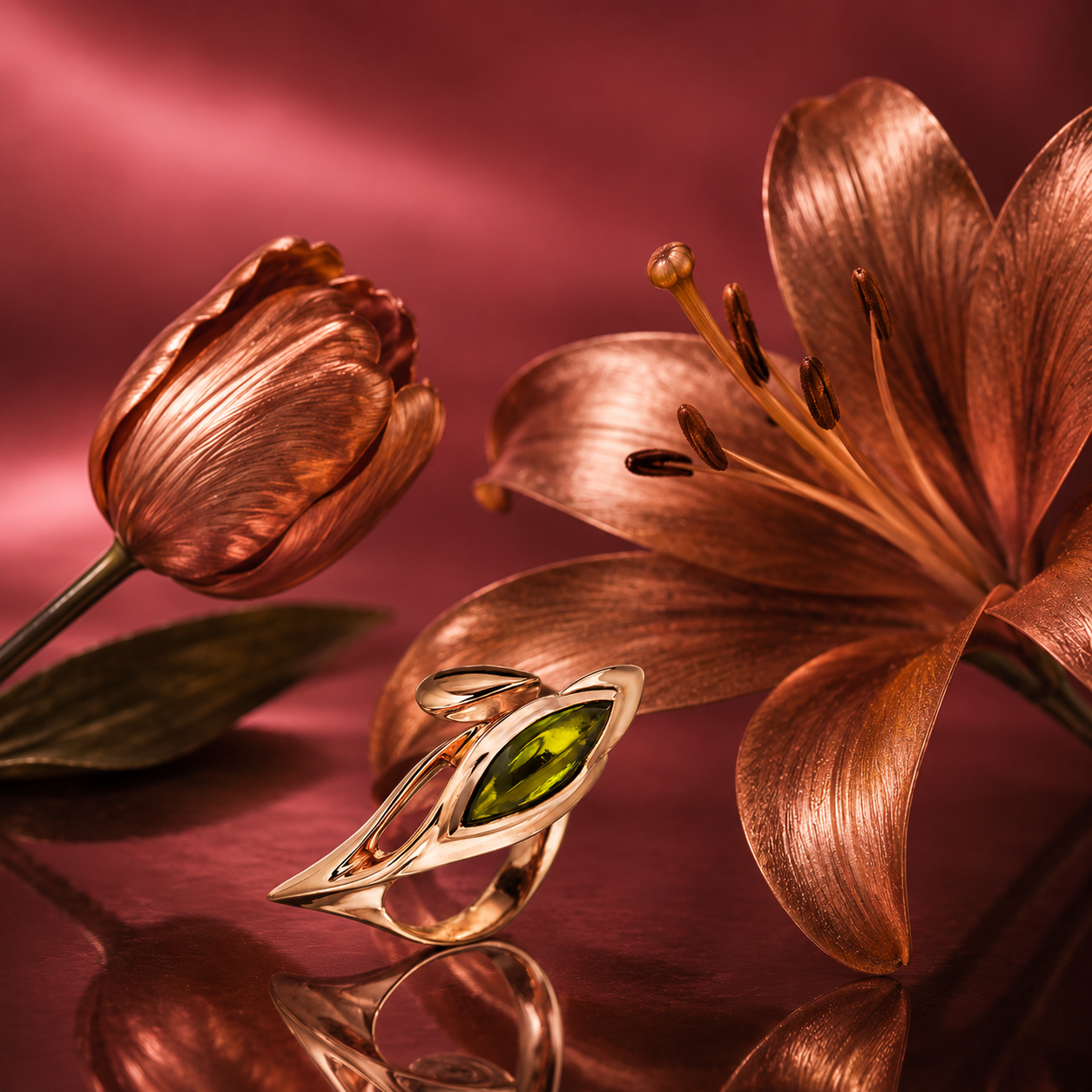 Turmalin tulipán gyűrű - 14k, rozé vörös arany, turmalin
