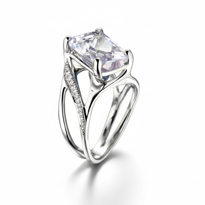 Thin Rose gyűrű - 14k, fehér arany, gyémántok,  kunzite