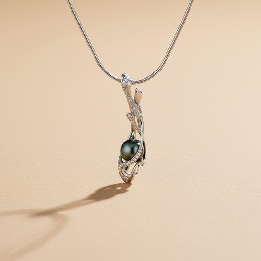 White Fire medál - 14k, fehér arany, tahiti gyöngy, gyémántok