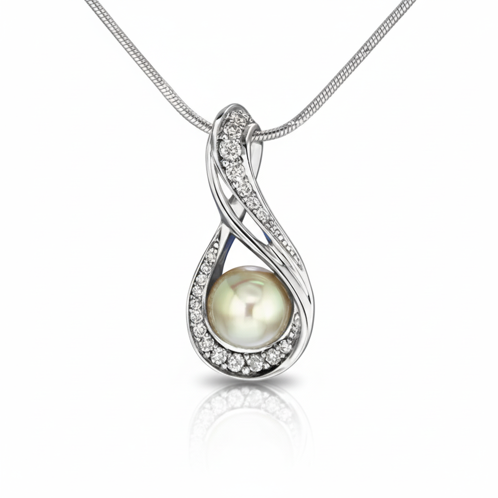 Wolf W medál - 14k, fehér arany, gyémántok, ekrü gyöngy