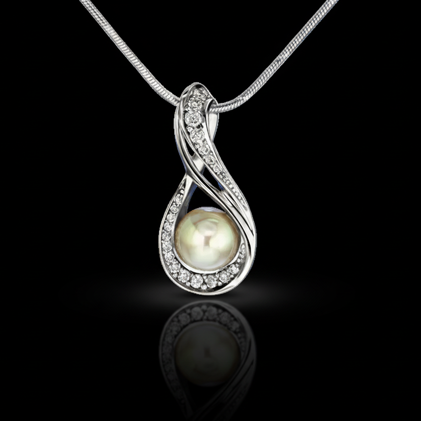 Wolf W medál - 14k, fehér arany, gyémántok, ekrü gyöngy