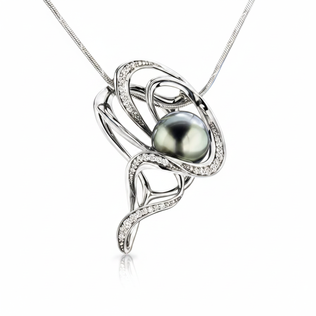 Rebell B medál - 14k, fehér arany, gyémántok, tahiti gyöngy